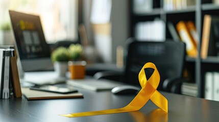 Supporting individuals with sarcoma cancer using a yellow ribbon on a desk