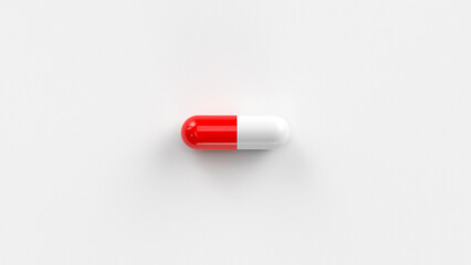 White red single pill isolated on a white background. Tablet, pill capsule top view, flat lay. 3d render illustration 