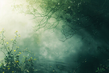 Fototapeta premium Foggy lake scene with lush plants and tree branches creating a serene and atmospheric view