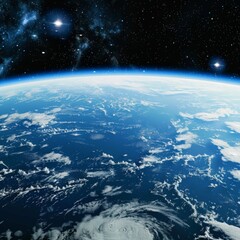 Fototapeta premium Amazing blue planet earth with ocean, clouds and continents in open space on the starry sky