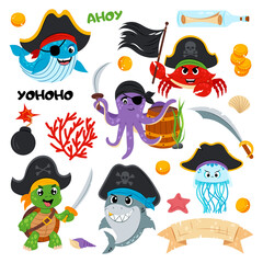Set of illustrations of sea animals in pirate costumes. Sea animals with elements of underwater life. Cute sea creatures on a white background.