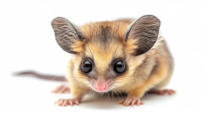 Obraz premium Cute baby possum with big ears joyfully smiling, displaying grace on a white backdrop, wild animals concept, banner