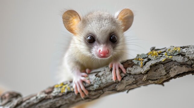 Adorable infant mouse opossum poses playfully against white background with copy space, wild animals concept, banner