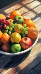 A colorful composition of a bowl filled with fresh fruits, ideal as a vibrant abstract background or wallpaper
