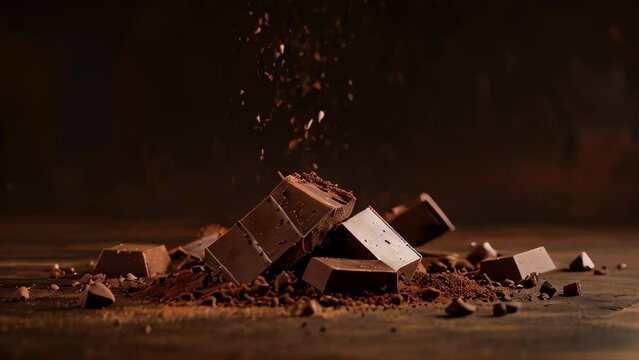A pile of chocolate bars and chocolate powder on a wooden table