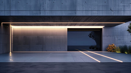 Obraz premium Modern concrete construction with light in summer, futuristic architecture of house at night. Concept of future, building, garage, minimalist design