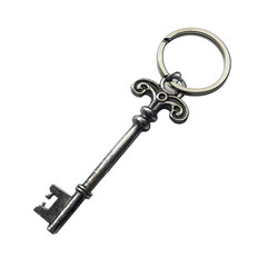 Silver keychain with a vintage key, for access to a personal hidden space, isolated on transparent background PNG