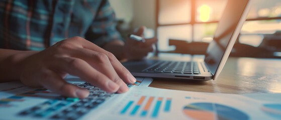 A close-up of a businessmans hand using a calculator while working on a financial report. A laptop and other papers are on the desk nearby.