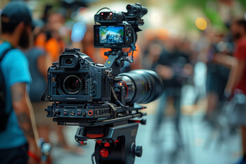 inclusive media production team with diverse group of professionals working with advanced camera equipment during a film shoot