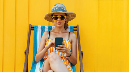 Young woman using smartphone while relaxing on deck chair