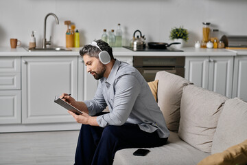 A bearded man wearing headphones sits on a couch in his kitchen