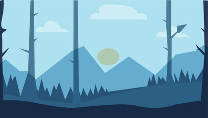 Blue and Gray purple landscape with silhouettes of mountains, hills vector illustration wallpaper design.