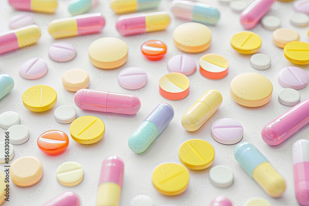 Aufkleber close-up photo of colorful pills on white background highlights texture and details, creating a clin
