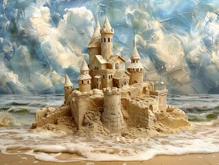 An intricately designed sandcastle set against a painted abstract beach background acts as a wallpaper