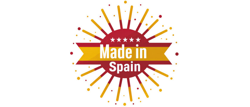 Logotipo con la inscripci&oacute;n made in spain sobre la bandera de Espa&ntilde;a, sobre circulo redondo rojo con estrellas y atravesado de barras en colores amarillo y rojo, con fondo blanco con c&iacute;rculos 