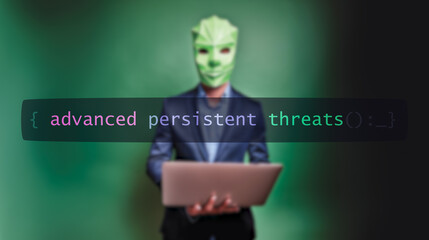 Cybersecurity concept advanced persistent threats on foreground screen, hacker silhouette hidden with low poly style mask. Vulnerability and attack on colored code editor. Text in English, English tex