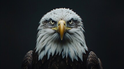 Obraz premium Detailed view of the head and beak of an American bald eagle in low light.