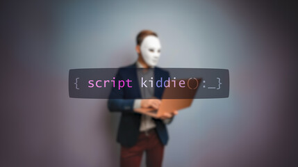Cybersecurity concept script kiddie on foreground screen, hacker silhouette hidden with low poly style mask. Vulnerability and attack on colored code editor. Text in English, English text