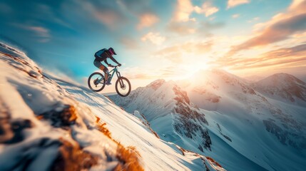 Mountain biker descending trail at sunset, vibrant adventure scene.