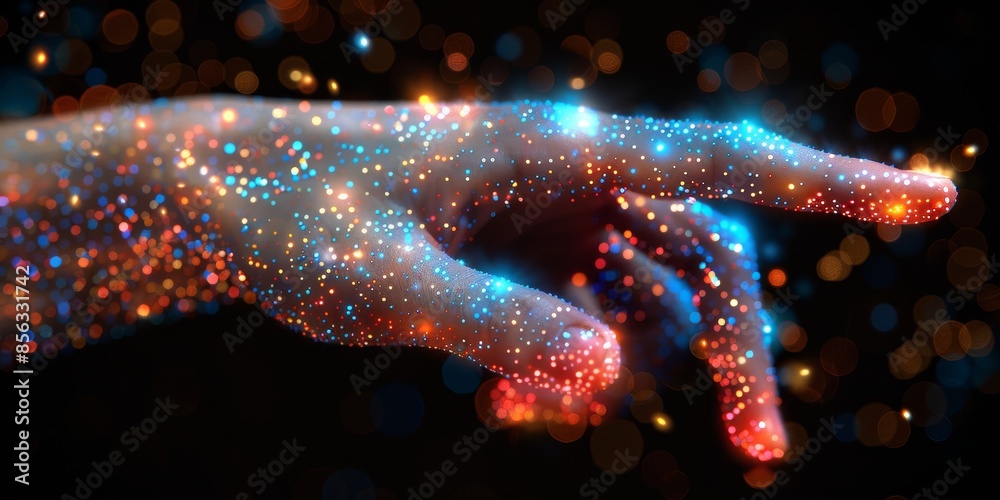 Poster Hand surrounded by glowing digital particles, representing futuristic technology and the seamless interaction of humans with the virtual world, Generative AI
