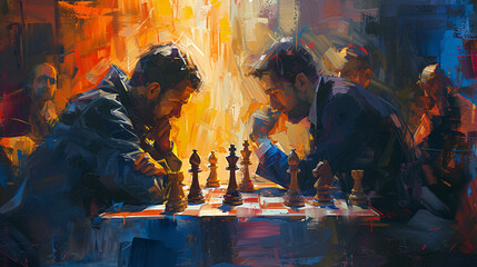 Two Men Playing Chess Intense Focusing on Chess Game Expressonist Oil Painting.