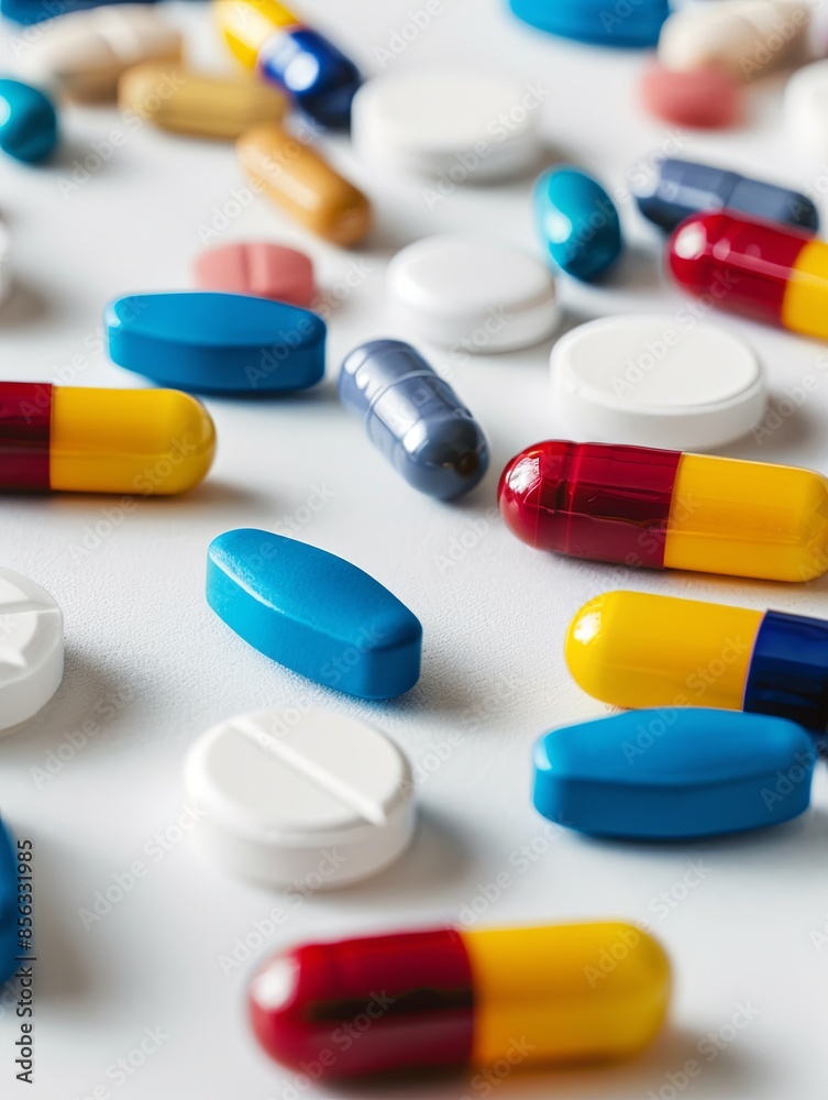 Aufkleber a close-up shot of various colorful pills and capsules scattered on a clean white background, showca