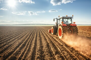 Fototapeta premium A modern red tractor plows through the farm field, raising dust under the bright sky