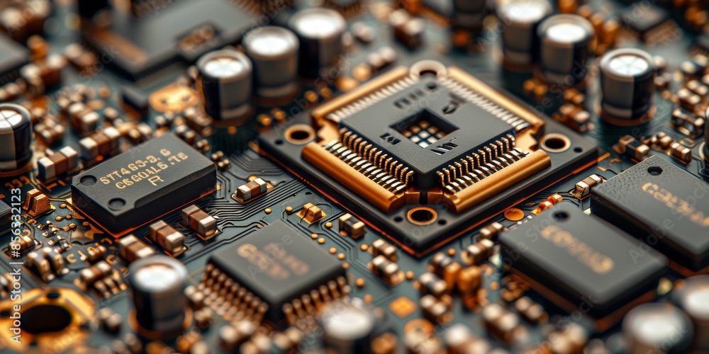 Poster Close-up of a circuit board with glowing components, highlighting advanced technology and the intricate details of modern electronics, Generative AI