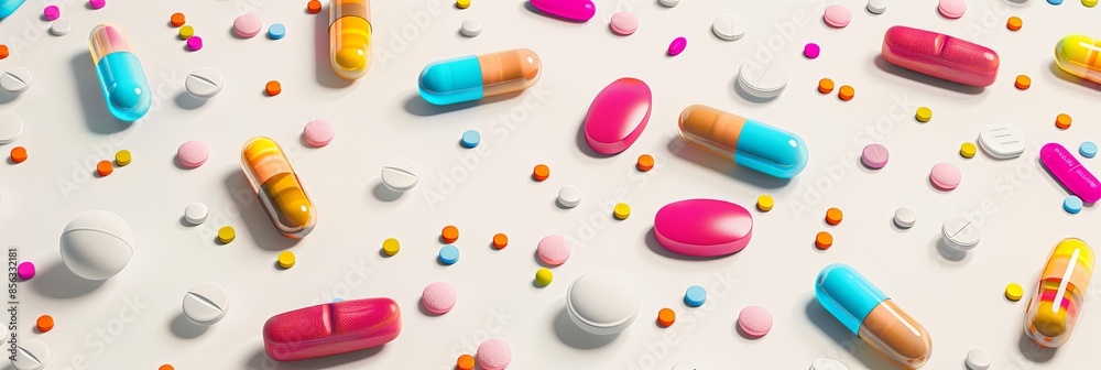 Aufkleber close-up of colorful pills and capsules on a white surface, highlighting texture and detail for a cl