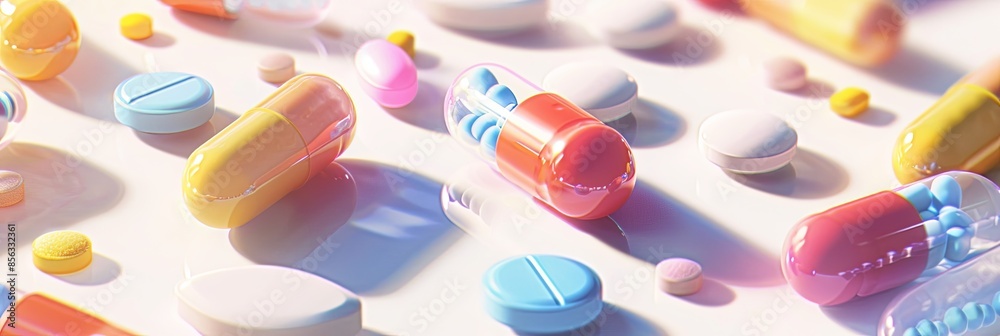Fototapete close-up of colorful pills and capsules on a white surface, showcasing their texture and detail in a