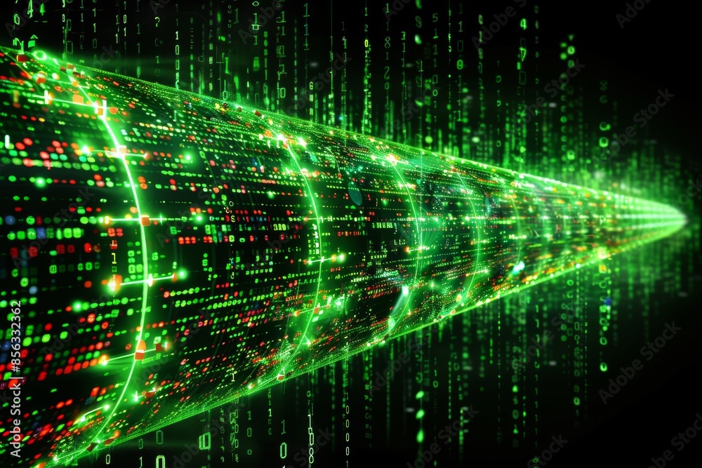 Aufkleber Green data stream in a futuristic tunnel, representing digital connectivity and the high-speed flow of information in a modern cyber environment, Generative AI