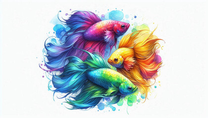 Beautiful set of colorful Betta fish in watercolor
