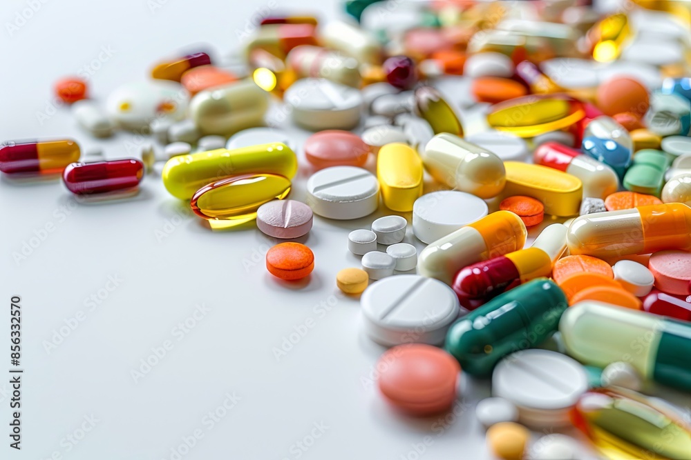Aufkleber close-up shot of colorful pills on a white background highlights textures and details, creating a cl