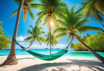 Obraz premium tropical beach scene hammock two palm trees under blue sky, sand, ocean, relaxation, vacation, leisure, tranquil, paradise, peaceful, serene, sunny, day