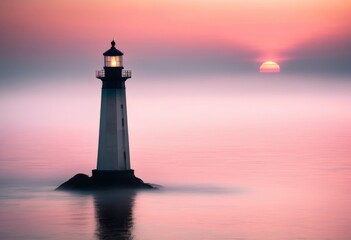 solitary lighthouse misty dawn light, fog, morning, lonely, isolated, beacon, maritime, navigation, structure, building, coastal, ocean, sea, tranquil