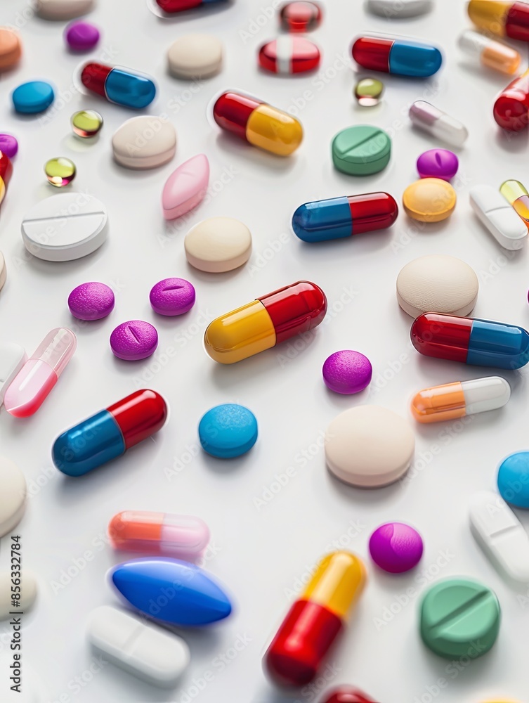 Aufkleber a close-up shot of various colorful pills and capsules scattered on a white background, showcasing t