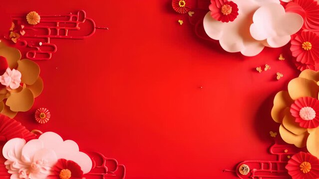 A red background with a gold and pink flowery border