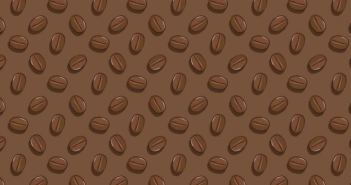Animated video with moving coffee beans. Seamless pattern of drawn coffee seeds moving. Background with brown coffee.