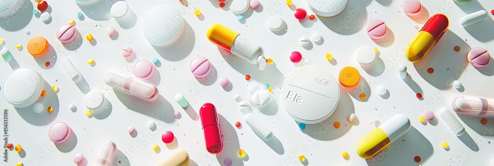 Aufkleber a close-up image showcasing a variety of colorful pills and capsules scattered on a clean white surf