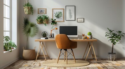 home office design, productive and organized scandinavian-style workspace featuring a modern desk, ergonomic chair, and ample storage for a sleek look