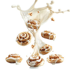 Delicious Cinnamon Rolls in Milk Splash on Transparent Background. Perfect for bakery advertising, recipe cards, food blogs, social media marketing, and dynamic food photography concepts.