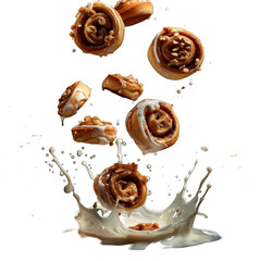 Delicious Cinnamon Rolls in Milk Splash on Transparent Background. Perfect for bakery advertising, recipe cards, food blogs, social media marketing, and dynamic food photography concepts.