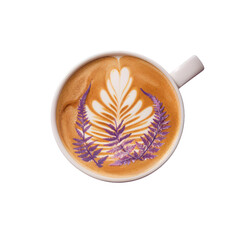 Latte with Lavender Leaf and Fern Latte Art, isolated on transparent background.