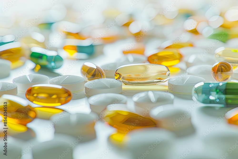 Aufkleber A close-up image of various colorful pills and capsules scattered on a clean white surface. The focus is on the texture and details of the tablets. Generative AI