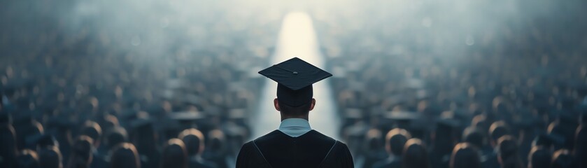 Obraz premium Graduate wearing a cap and gown stands out in a crowd, symbolizing achievement and future opportunities in an inspiring commencement ceremony.