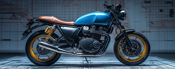 Fototapeta premium A modern blue cafe racer motorcycle is contrasted with complex design blueprints in the background, illustrating the fusion of form and function