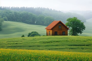 Obraz premium A small wooden house stands in the middle of a green field. ai generative