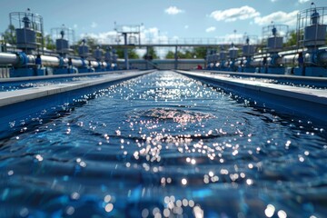 Clean water basin in an industrial water treatment facility, emphasizing advanced purification technology and environmental sustainability, Generative AI