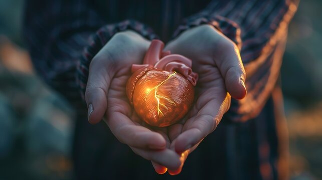 A person holds a glowing heart in their hand This image can be used to represent love care affection or Valentine39s Day