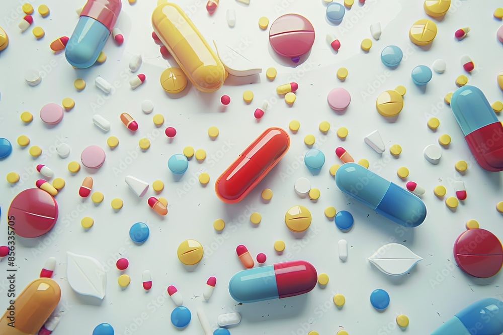 Poster A close-up image of various colorful pills and capsules scattered on a clean white background. Generative AI